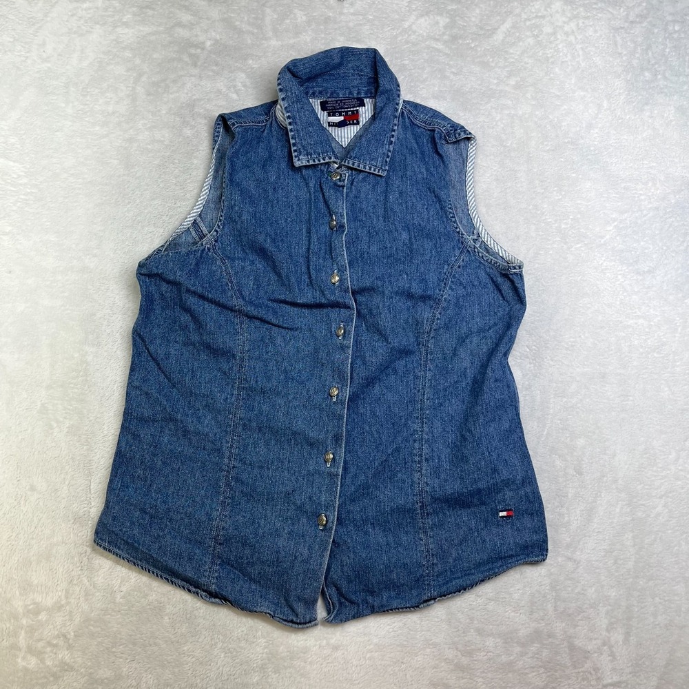 Tommy Hilfiger Vest Women's Blue Denim Button Collar Classic Y2K Streetwear - 10
